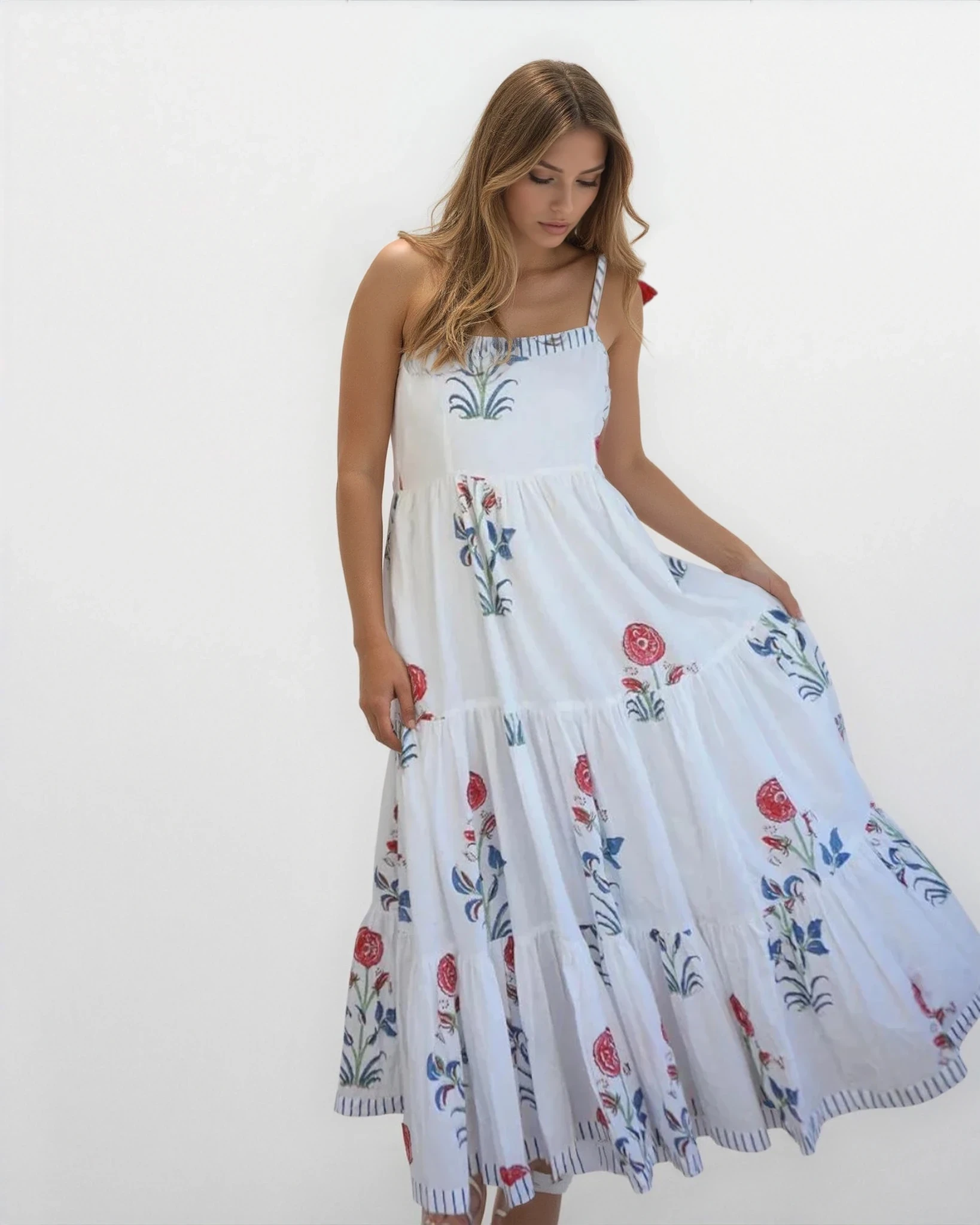Poppy Tier Maxi Dress - Red Floral/Stripe