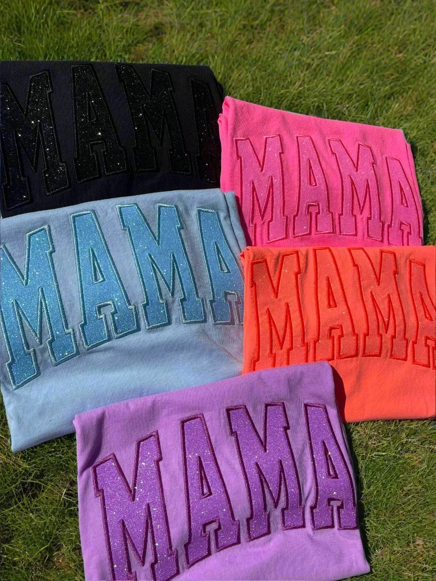 Mama Glitter Applique Embroidered Comfort Color Short Sleeve Shirt **FLASH SALE**